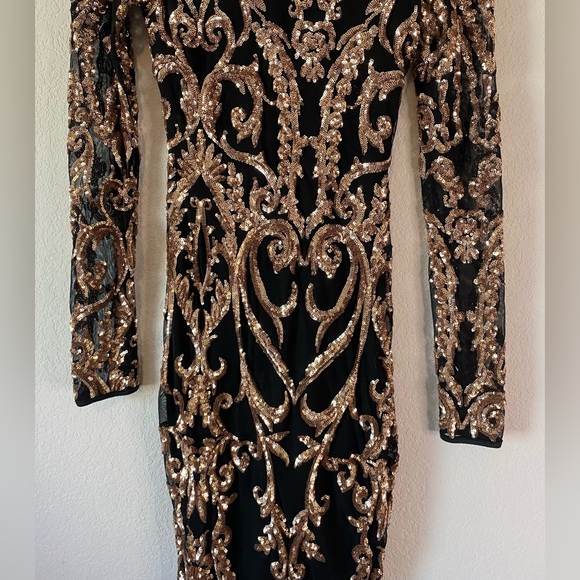 Windsor Long Black Dress w/ Gold Sequin Pattern - Picture 3 of 9